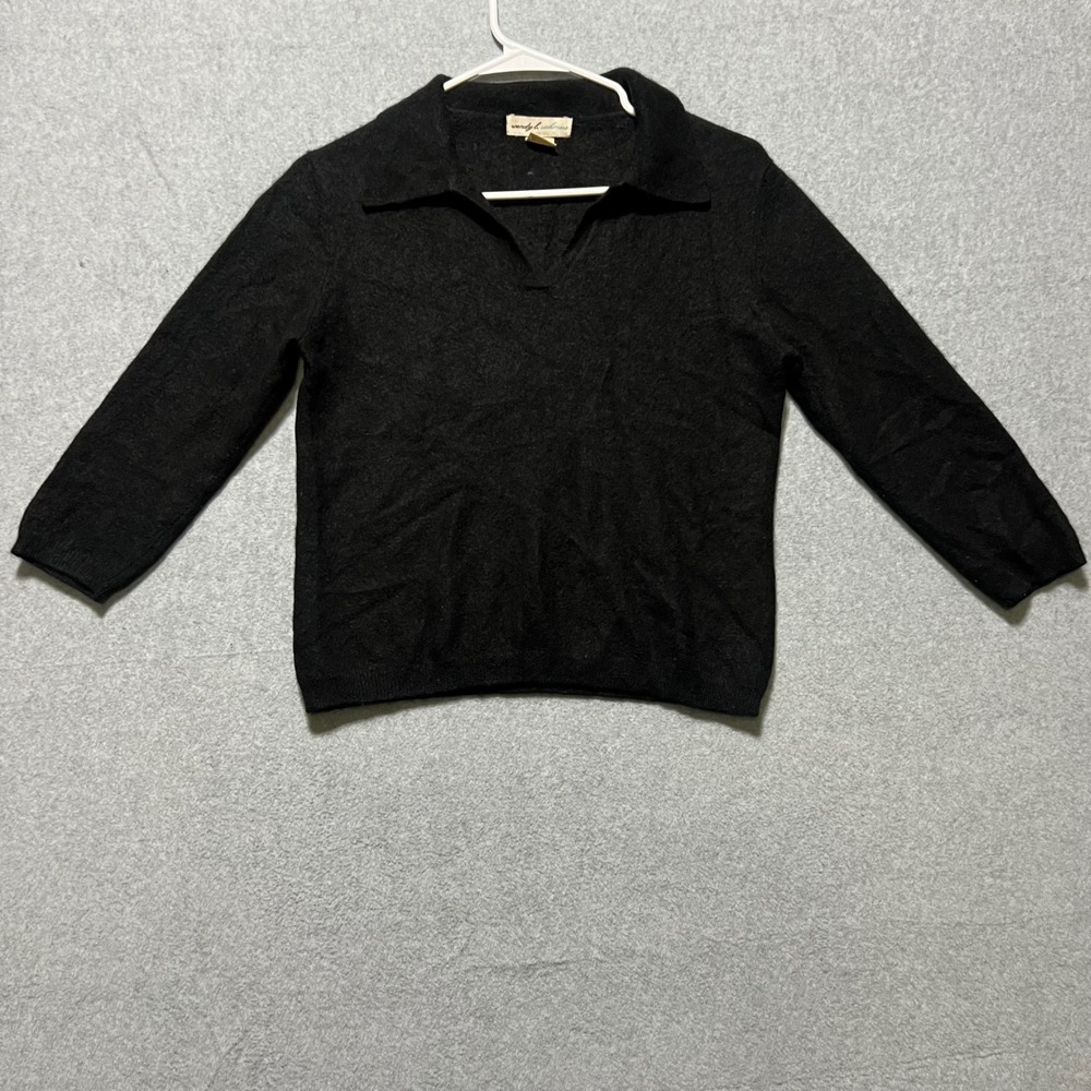 Wendy B 100% Cashmere Collared V Neck Preppy Sweater Pullover Size L Black